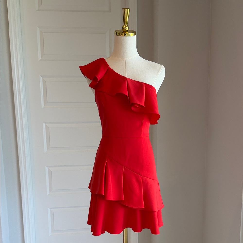 BCBG Maxazria One-Shoulder Coral Red Ruffle Tiered Dress Size 0